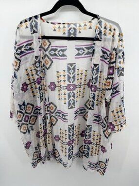 Boho Aztec Tribal Print Sheer Kimono Cardigan Open Front Women’s One Size